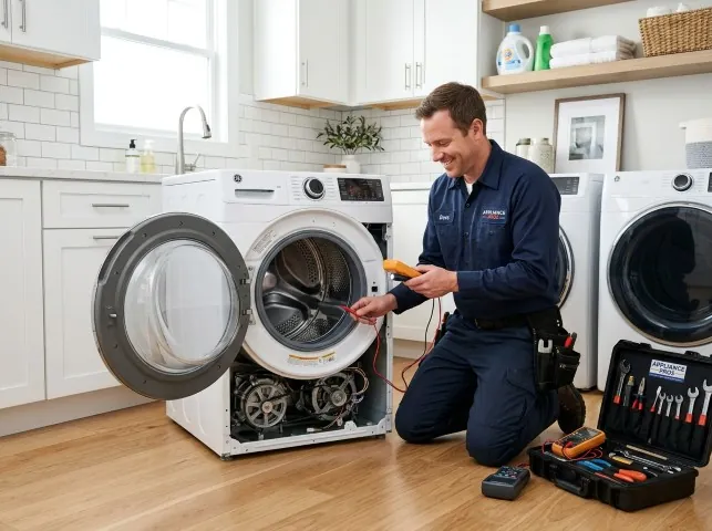 Appliance Repair Hero technician testing a front-load washer with a multimeter on a Batavia, IL service call